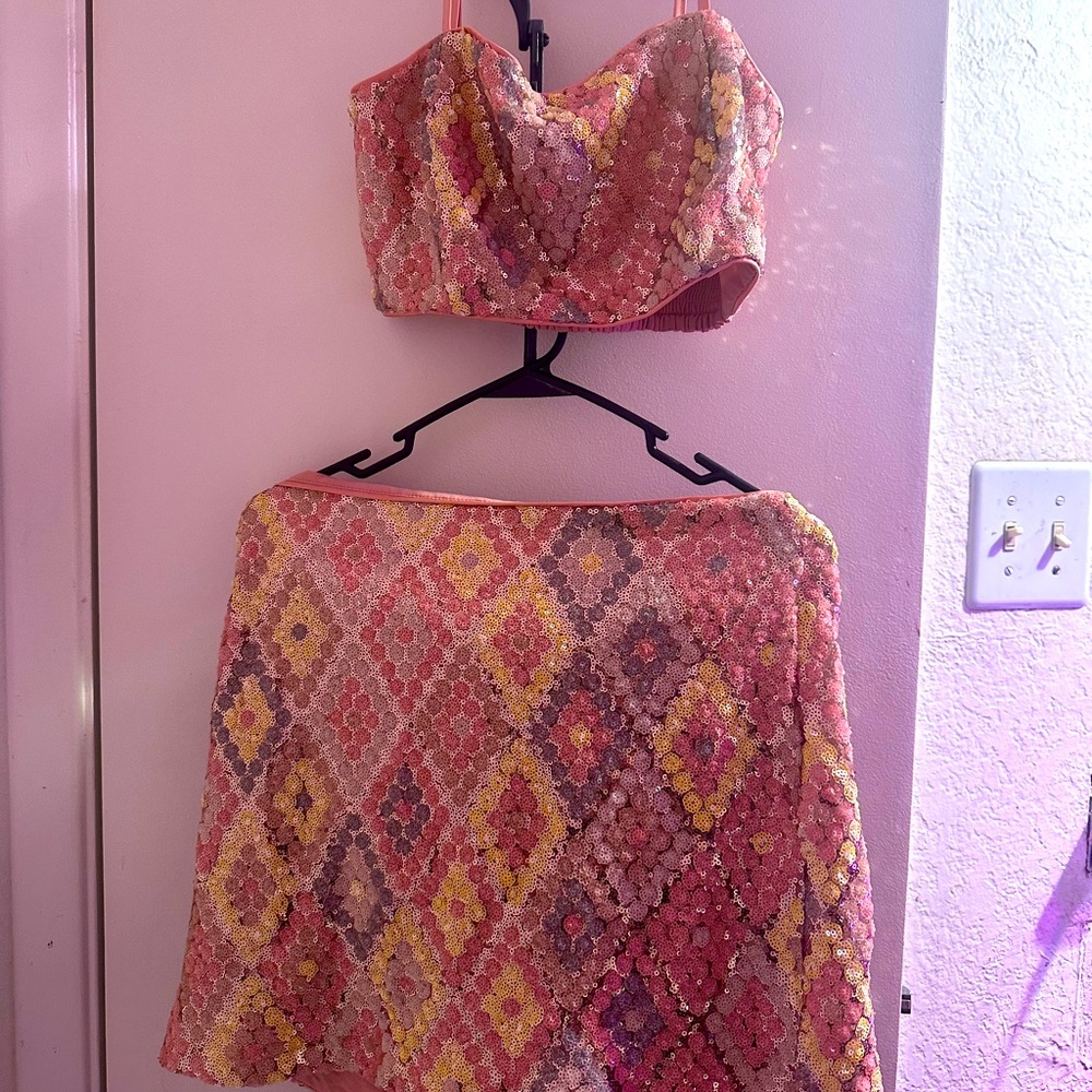 Caroline Constas New York Multi-Colored Sequin Crop Top & Skirt Set